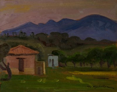 Sunset (Near Parmenello) — Oil painting, Fiberboard, 27.00×35.00cm — Theodoros Markellos